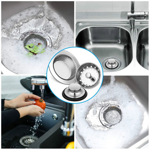 3 Piece Kitchen Sink Drain Strainer And Stopper Set Stainless Steel Garbage Disposal Plug With Handle Universal Fit Anti Clog Filter Basket Sieve