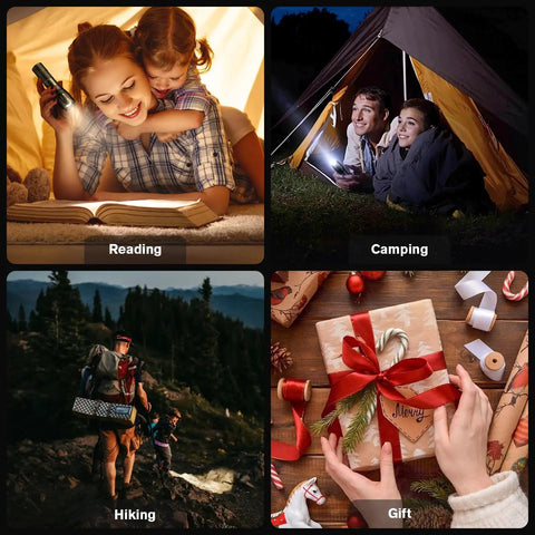 People using Six Pack LED Flashlights With High Lumens Pocket Size Three Modes for reading, camping, hiking, and gift ideas.
