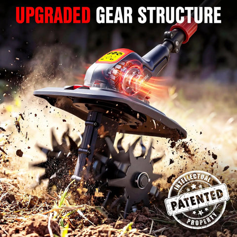 Powerful 20V Cordless Tiller Cultivator With No Cord Hassle, upgraded gear structure, digging into soil, patented design