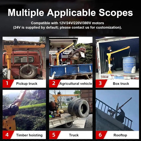 Heavy Duty Electric Pickup Truck Crane With 3500 Lbs Winch And 12V Galvanized Steel Jib Hoist, shown in multiple truck settings.