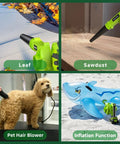 Collage of Cordless Leaf Blower With Battery And Charger, 20V Electric Blower Delivers 120 MPH Power, used for leaves, sawdust, pet hair, inflating.