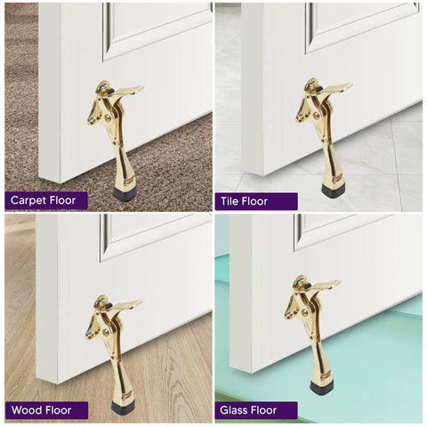 Pedal Kick Down Door Stopper Hands Free Door Hold Open Easy Step Doorstop With Height Adjustable Rubber Foot Premium Zinc Alloy Build 4 Inch Gold Finish 1 Pack Sturdy Works On Carpet Wood Cement in use on various floors