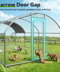 Heavy Duty Metal Chicken Coop With Weatherproof Canopy For Farm And Backyard Use Supporting Chickens Ducks And Rabbits, Rust Resistant Steel Frame, Dome Roof Roosting Perch, 10 Ft Wide By 19.7 Ft Long By 6.4 Ft High showing narrow door gap.