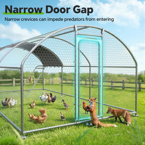 Heavy Duty Metal Chicken Coop With Weatherproof Canopy For Farm And Backyard Use Supporting Chickens Ducks And Rabbits, Rust Resistant Steel Frame, Dome Roof Roosting Perch, 10 Ft Wide By 19.7 Ft Long By 6.4 Ft High showing narrow door gap.