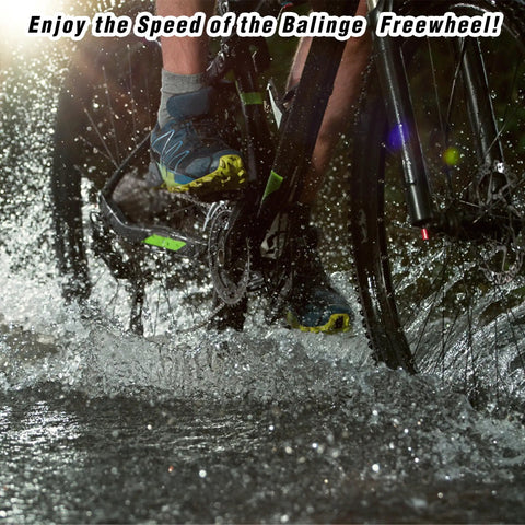 Bicyclist riding through water with 8 Speed Freewheel 13-28T Screw-On Replacement Part For Most Bikes Black And Brown Finish