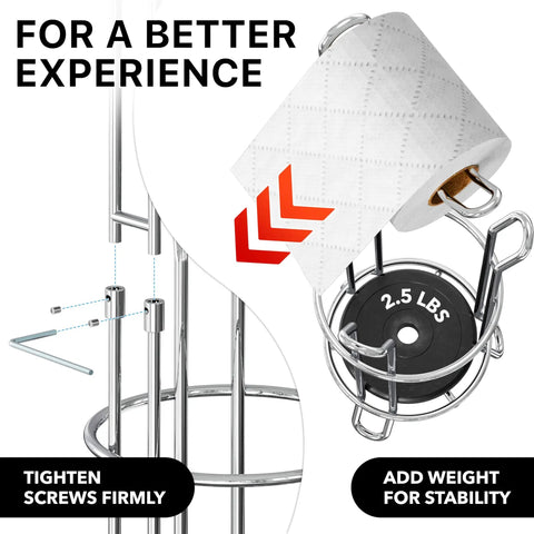Freestanding Chrome Toilet Paper Roll Holder Stand That Fits All Roll Sizes Up To 5.5 Inches And Stores Up To Four Rolls, instructions visible.