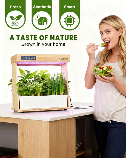 Woman eating salad next to Indoor Hydroponic Garden System With 8 Pod Smart Grow Kit Plug And Play LED Grow Light on kitchen counter.