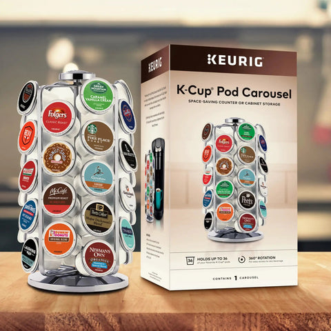 36 Pod Coffee Pod Storage Carousel With 360 Degree Rotation Space Saving Chrome Finish Organizer For K Cup Pods on counter with box