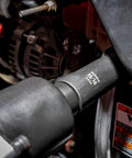 Close-up of deep impact socket from 19-piece SAE 1/2 inch drive set in Cr-Mo steel, used in automotive work