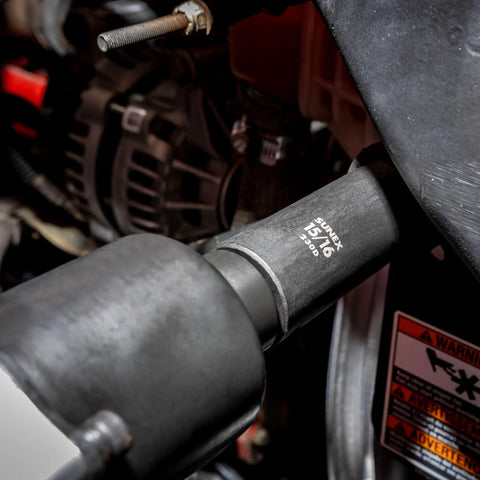 Close-up of deep impact socket from 19-piece SAE 1/2 inch drive set in Cr-Mo steel, used in automotive work