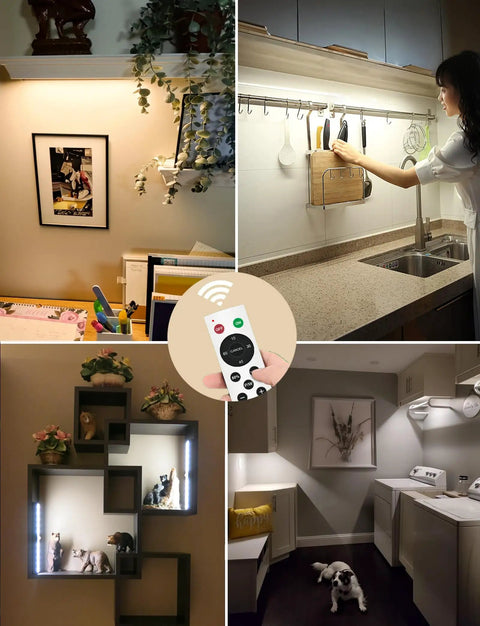 Under Cabinet Lighting Kit With Remote And Touch Switch No Fuss 20 LED USB Rechargeable Dimmable Lights in various room settings