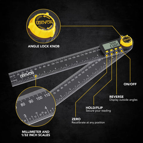 Built Tough Aluminum Digital Angle Finder And Precision Protractor Gauge features display labels and angle lock knob.