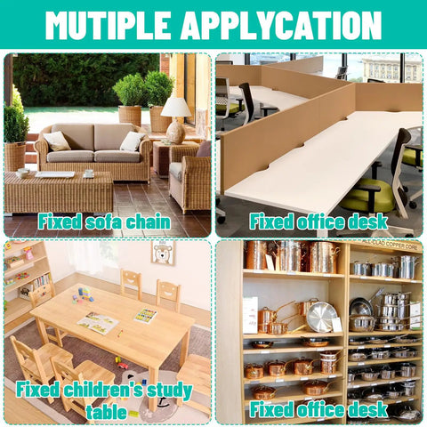 Four Pack Couch Clamps for Sectionals showcased in various applications like sofa, desk, and table setup, displaying stability and connectivity.