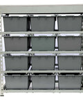 Front view of a boltless steel storage rack with 12 plastic bins in four tiers, 33 inch wide by 15 inch deep by 36 inch high, particle board top.