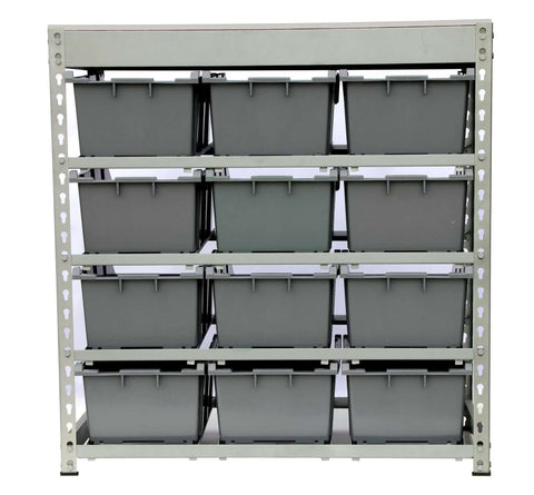 Front view of a boltless steel storage rack with 12 plastic bins in four tiers, 33 inch wide by 15 inch deep by 36 inch high, particle board top.