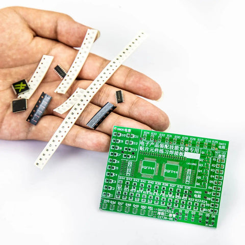 Hands On SMD Practice Kit For Soldering Skills And SMT Projects, DIY board with 77 patch circuits, components in hand