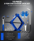 Orion Motor Tech 2 Ton Scissor Jack 15 Pc Kit 4409 Lb Capacity heavy duty tool set with ratchet wrench and gloves.