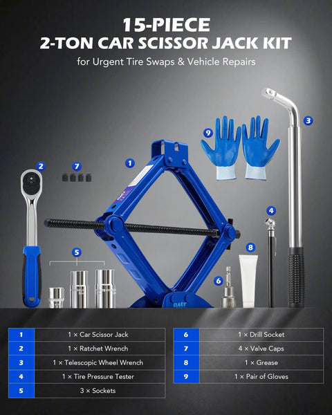 Orion Motor Tech 2 Ton Scissor Jack 15 Pc Kit 4409 Lb Capacity heavy duty tool set with ratchet wrench and gloves.