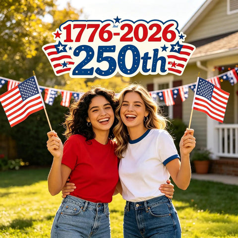 Two people holding 8x12 Inch American Flags On Sticks, celebrating 250th Anniversary with vibrant flags for parades and events.