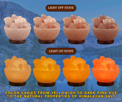 Himalayan Salt Lamp Bowl With Crystal Chunks, Dimmer Cord, And Classic Wood Base, in light off and on states, handcrafted.