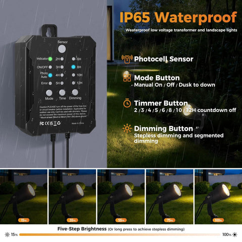 Control panel for IP65 waterproof All-In-One Low Voltage Landscape Lighting Kit 8 Pack 5W Die-Cast Aluminum Spotlights