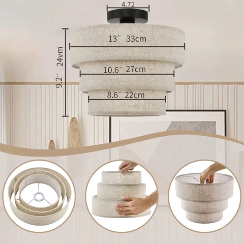 Three Tier Linen Drum Shade Semi Flush Mount Ceiling Light Fixture dimensions with hands assembling parts