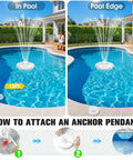 Floating LED Pool Fountain With Remote And 8000mAh Battery in pool, 13ft spray, anchor pendant attachment steps shown