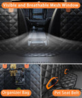 Back Seat Dog Car Cover With Extender And Hard Bottom Waterproof Pet Seat Protector For Cars SUVs And Trucks Hammock Style Travel Accessory with mesh window, organizer bag, and pet seat belt features.