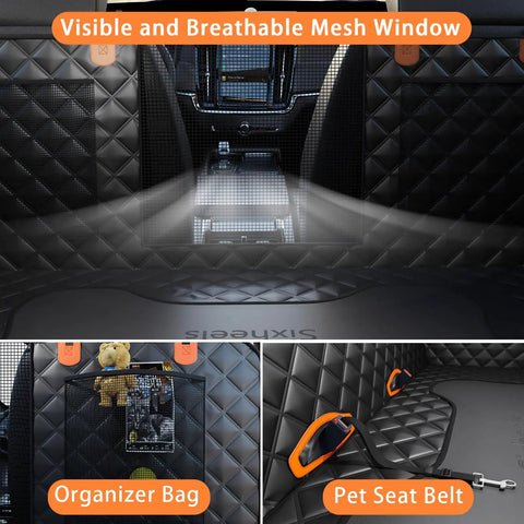 Back Seat Dog Car Cover With Extender And Hard Bottom Waterproof Pet Seat Protector For Cars SUVs And Trucks Hammock Style Travel Accessory with mesh window, organizer bag, and pet seat belt features.