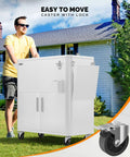 Person pushing a white patio cooler with storage cabinet and bottle opener ice chest for outdoor parties and poolside gatherings