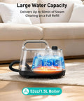 Badass Multipurpose Handheld Steam Cleaner And Electric Mop With 21 Slick Attachments 50 Oz Tank showing 1.5L boiler and steam ready.