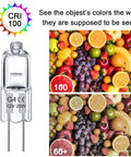 G4 Halogen Bulbs 12 Pack 12V 20W JC T3 Bi Pin Dimmable Warm White 2700K showing color rendering with fruits