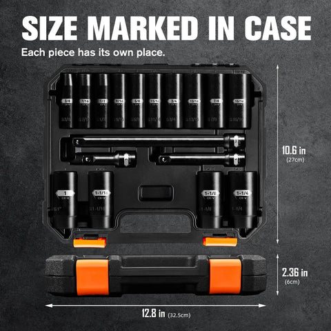 Beefy Three Eighths Inch Drive Deep Impact Socket Set 16 Piece Metric Range From 7mm To 22mm Includes storage case open view
