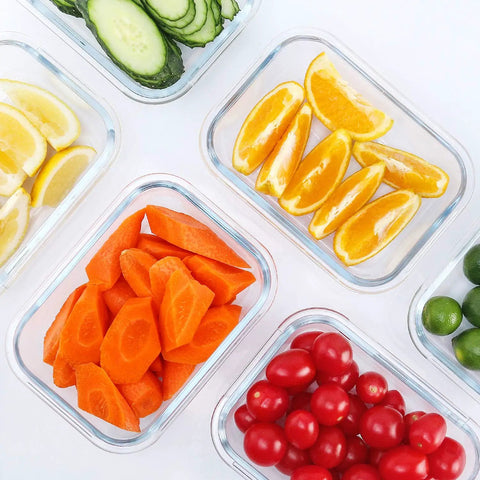 Ten Pack 22 Oz Glass Meal Prep Containers With Lids Durable Borosilicate Glass For Fresh Meal Prep Microwave Oven Freezer And Dishwasher Safe Easy Stackable Lunch Storage Portion Control Gray filled with sliced fruits and vegetables