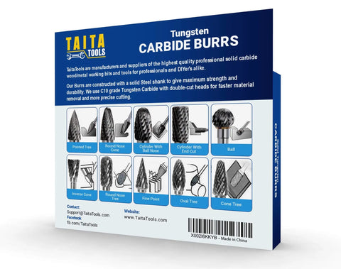 10Pc Double Cut Carbide Burr Set With 0.118 Inch Shank For Rotary Tools packaging showcasing different burr shapes.