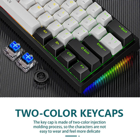 Compact 61 Key Wired Gaming Keyboard With Dope Rgb Backlights Adjustable Brightness And Movement Speed showing blue mechanical switches and keycaps.