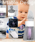 Rechargeable Outdoor Mosquito Trap With 600V Electric Grid, Hanging UV Purple Light Bug Zapper and child safety grid shown indoors