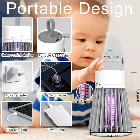 Rechargeable Outdoor Mosquito Trap With 600V Electric Grid, Hanging UV Purple Light Bug Zapper and child safety grid shown indoors