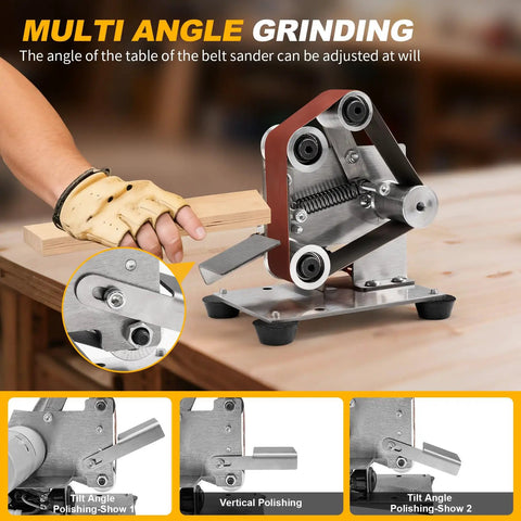 Multi-angle adjustment feature of Badass Mini Electric Belt Sander And Knife Sharpener for precision jewelry crafting and desk polishing.