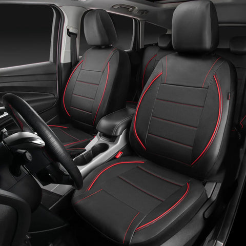 Universal Piping Leather Front Seat Covers Set For SUV Sedan Van And Truck, Waterproof Faux PU Leather, Black Red interior view