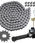 25h Chain Sprocket Kit With 132 Link Chain And 13 Tooth Motor Sprocket And 25h Chain Tensioner For Razor MX650 MX500 SX500 And MY1020 Electric Scooters And Dirt Bikes; laid out view including links and tools.