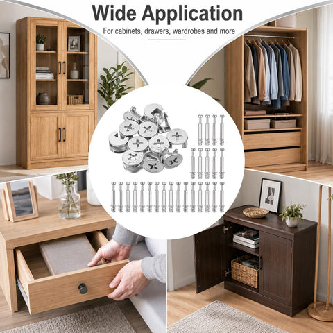 25 Sets Furniture Cam Lock Fasteners and Connecting Dowels 50 Pieces in Clear Storage Box for Easy Cabinet Building and DIY Woodworking