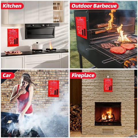 Emergency Fire Blanket 40 By 40 Inches Pack Of 6 for home safety used in kitchen, barbecue, car, and fireplace settings.