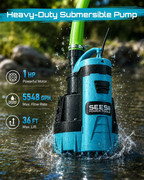 Automatic Submersible Water Pump With Smart Float Switch Delivers 5548 GPH High Flow for yard drainage in wet environment.
