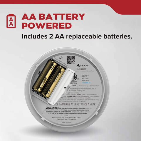 Top Shelf Smoke Detectors AA Battery Powered 18 Pack showing inside view with 2 AA replaceable batteries visible.