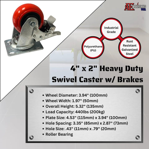 Heavy Duty 4 Inch Swivel Caster Set With Parking Brakes, Hardcore Polyurethane Plate Wheels Built Like A Tank, 1760 Pound Capacity, Smoother Than Silk Roll On Carts Workbenches Set Of Four, industrial-grade design.