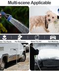 50 Foot Stainless Steel Garden Hose Heavy Duty With Nozzles in use, watering plants, washing a dog, RV and car washing.