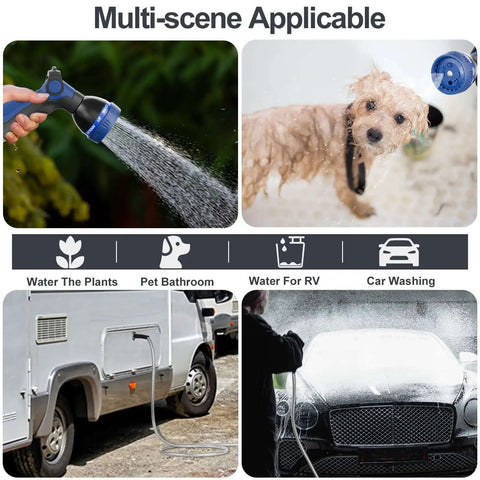 50 Foot Stainless Steel Garden Hose Heavy Duty With Nozzles in use, watering plants, washing a dog, RV and car washing.