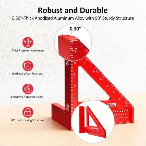 Mini 3D Multi Angle Measuring Square Ruler for Woodworking Pro Grade 0 to 90 Degree Carpenter Square Aluminum Alloy Layout Tool with Imperial Scales Scribing Holes and Pencil Refills Included shown in red aluminum with measurement details.