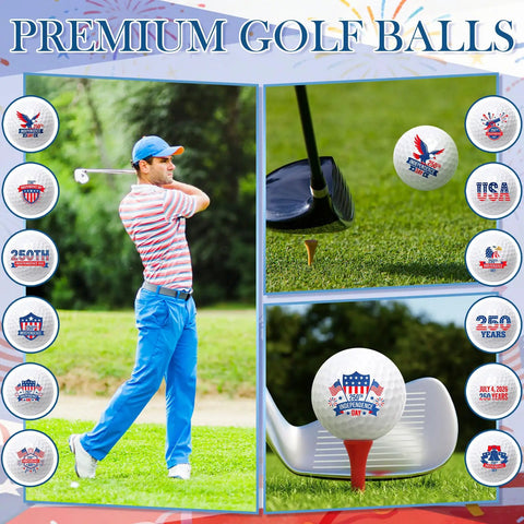 12 Pack Patriotic Golf Balls 250th Independence Day Theme Set For Men And Women Perfect Gift displayed with golfer and close-ups